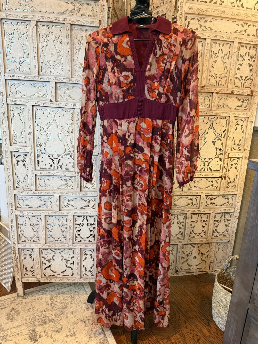 hinge Burgundy and Orange Floral Long Sleeve Maxi Dress